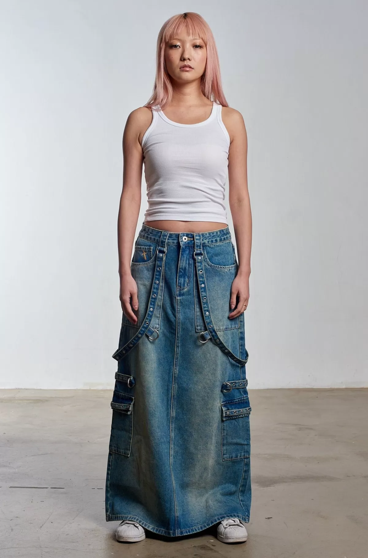 Discount The Ragged Priest Bondage Denim Midi Skirt Blue