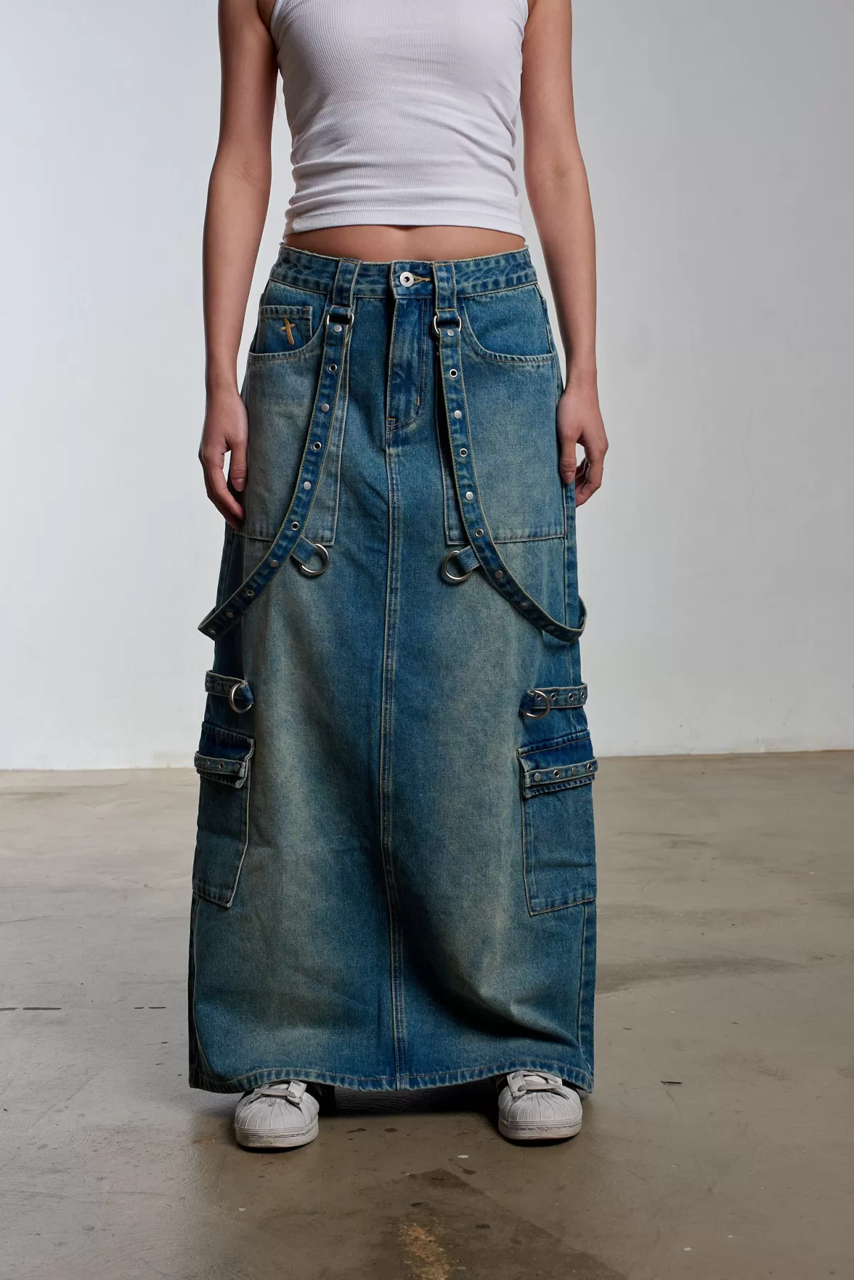 Discount The Ragged Priest Bondage Denim Midi Skirt Blue