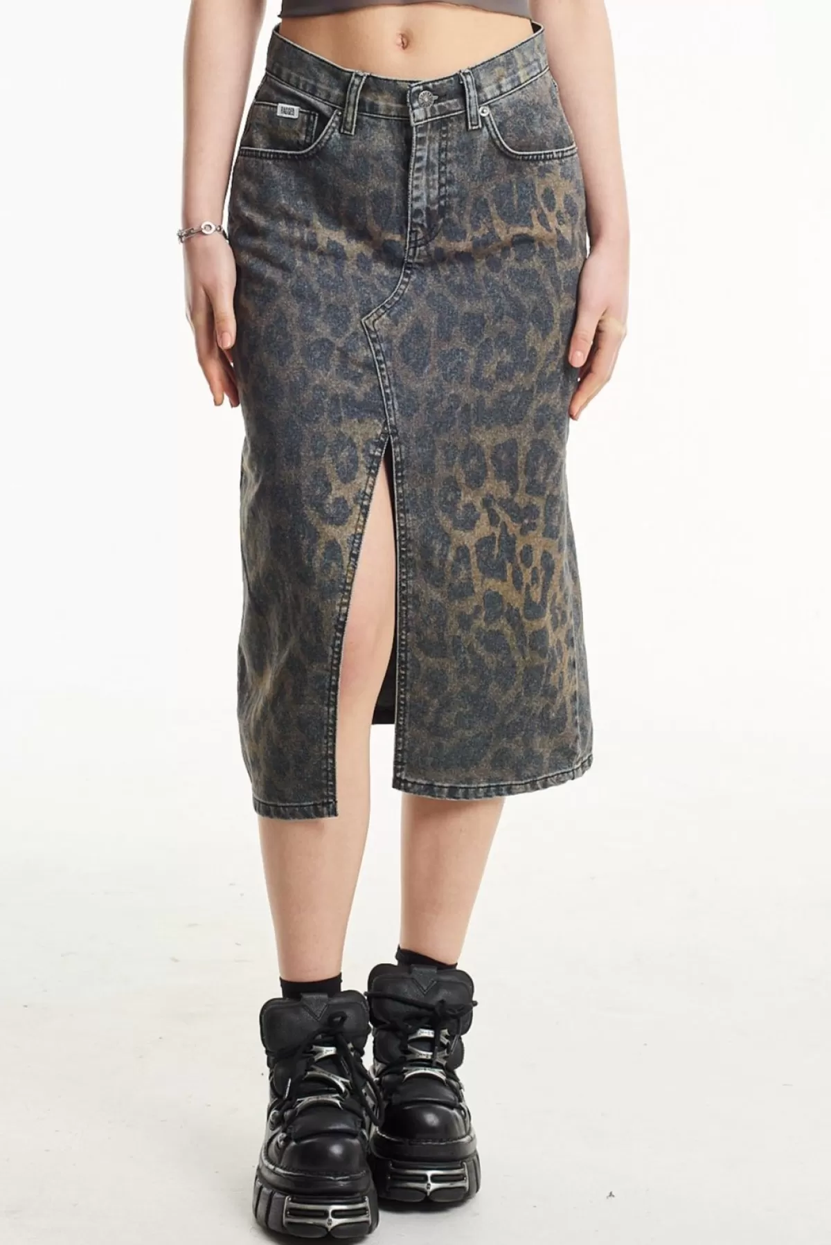 Cheap The Ragged Priest Dark Leopard Denim Midi Skirt