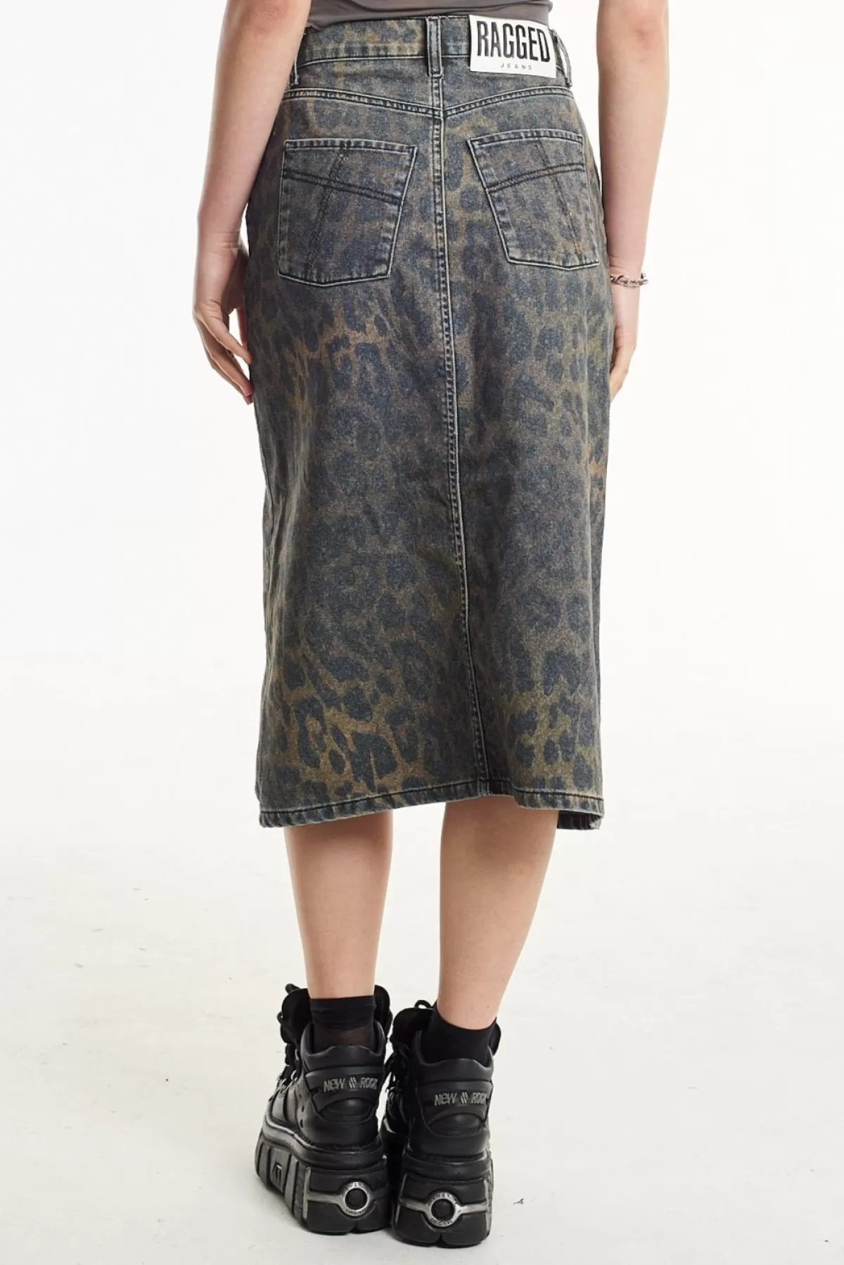 Cheap The Ragged Priest Dark Leopard Denim Midi Skirt