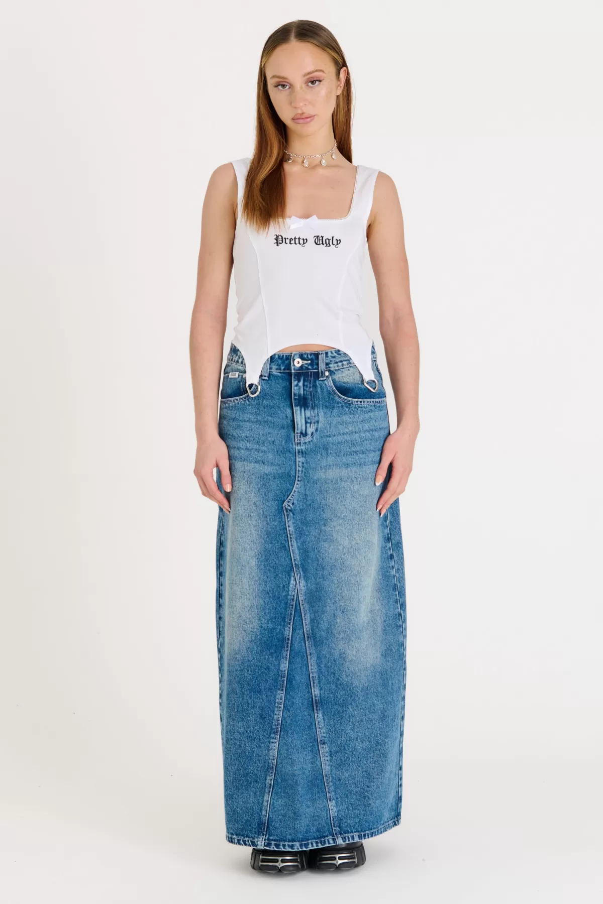 Store The Ragged Priest Denim Maxi Skirt Bleach Blue