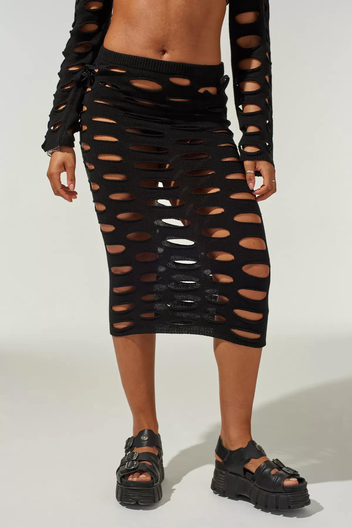 New The Ragged Priest Nightfall Open Knit Midi Skirt