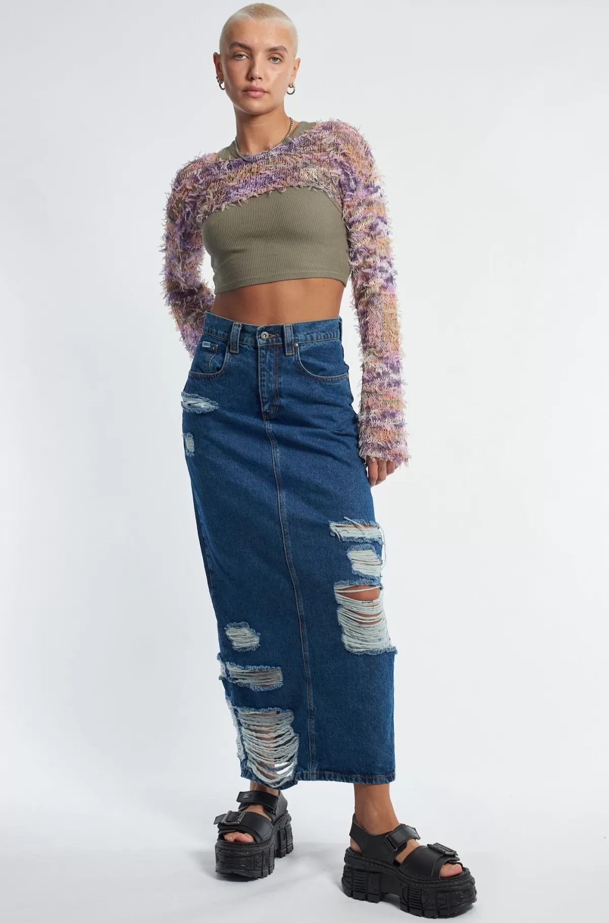 Flash Sale The Ragged Priest Shredder Distressed Denim Maxi Skirt