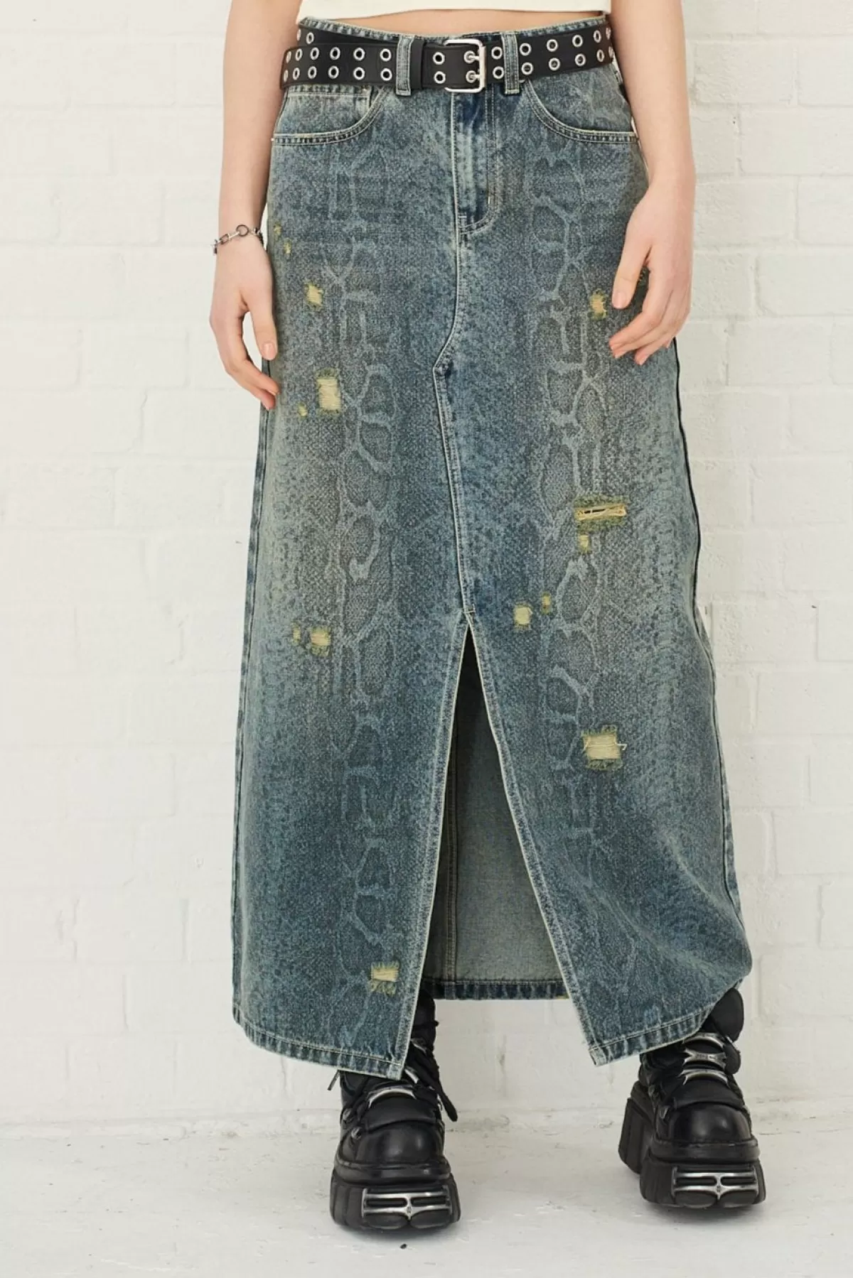 Hot The Ragged Priest Skin Snakeskin Print Denim Maxi Skirt