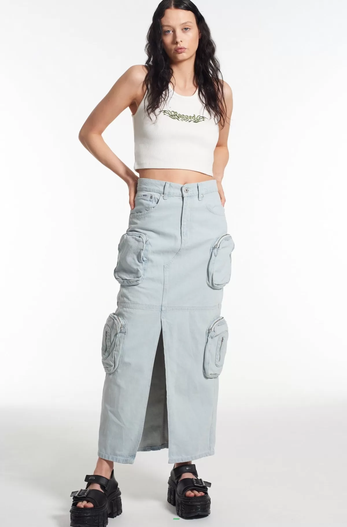 Discount The Ragged Priest Zip Combat Maxi Skirt Stonewash